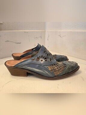 Sundance Vera Cruz Krevo Blue Laser Cut Leather Western Style Mules Womens EU 39